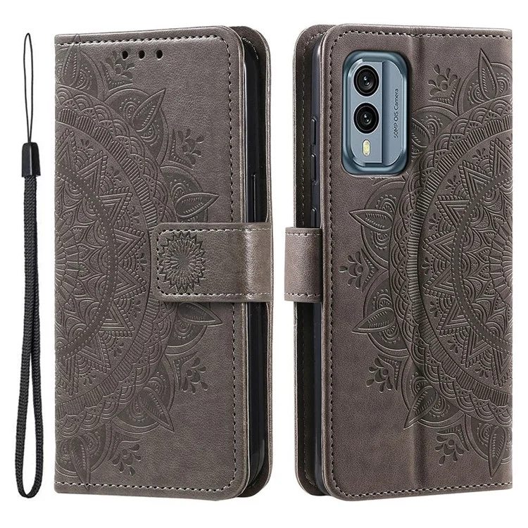 Pour Nokia X30 5G Entièrement Enveloppé de Coque en Cuir Pu, Mandala Flower Match Boîtier de Portefeuille Imprimé Stand Magnetic Flip Cover - Gris