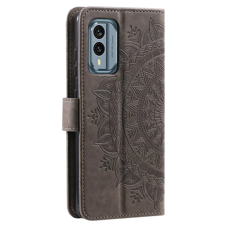 Pour Nokia X30 5G Entièrement Enveloppé de Coque en Cuir Pu, Mandala Flower Match Boîtier de Portefeuille Imprimé Stand Magnetic Flip Cover - Gris