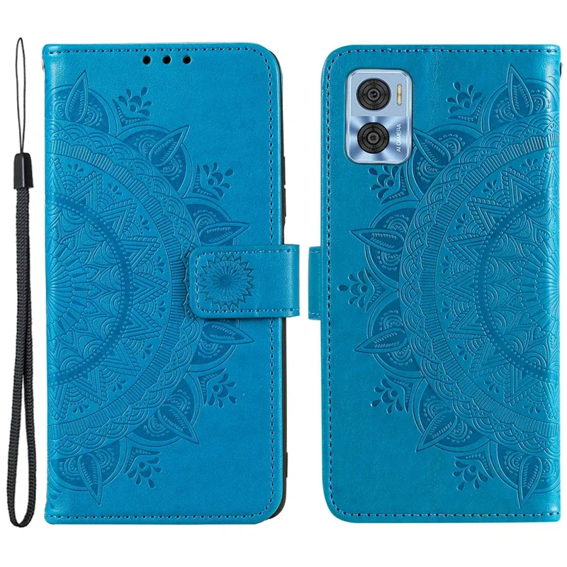 For Motorola Moto E22 4G / E22i 4G PU Leather Shell, Mandala Flower Pattern Imprinted Wallet Case Stand Magnetic Flip Cover - Blue