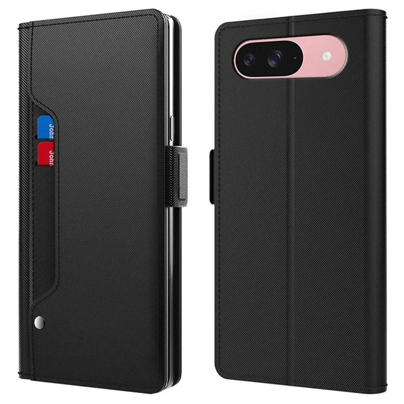 Phone Case For Google Pixel 9 Pro / Pixel 9 Stand PU Leather Cover Card Holder Mirror - Black