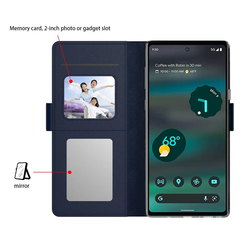 Phone Case For Google Pixel 9 Pro / Pixel 9 Stand PU Leather Cover Card Holder Mirror - Blue