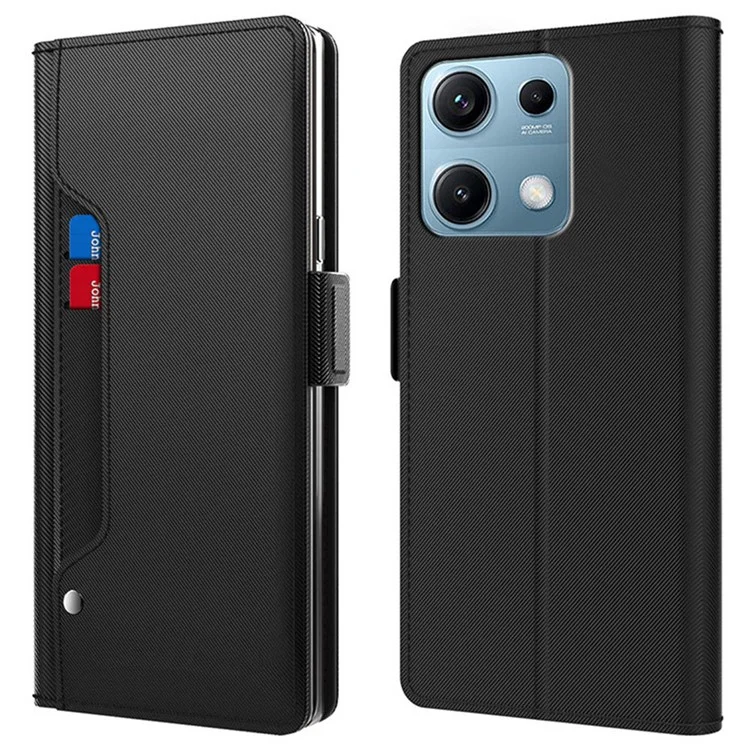 Funda para Xiaomi Redmi Note 14S 4G con Soporte de Cuero Sintético, Tarjetero y Espejo - Negro