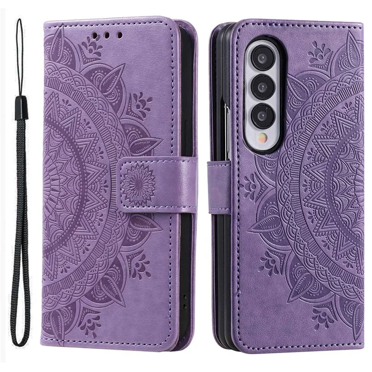 For Samsung Galaxy Z Fold4 5G Mandala Flower Pattern Imprinted Wallet Case PU Leather Stand Magnetic Flip Cover - Purple