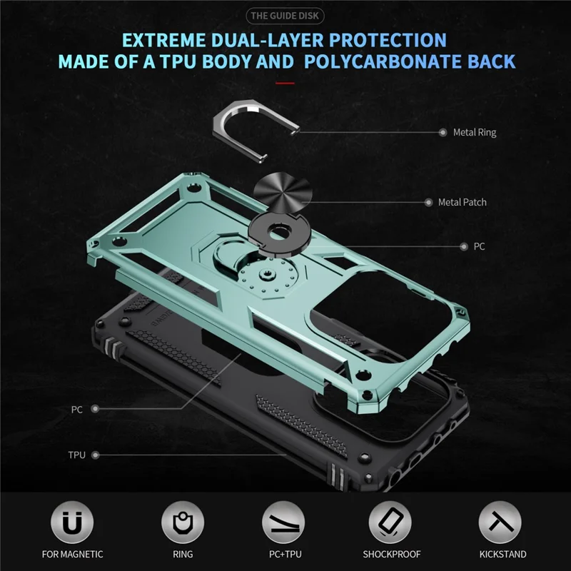 For Xiaomi Redmi Note 14 5G Case PC + TPU Phone Cover with Kickstand - Blackish Green