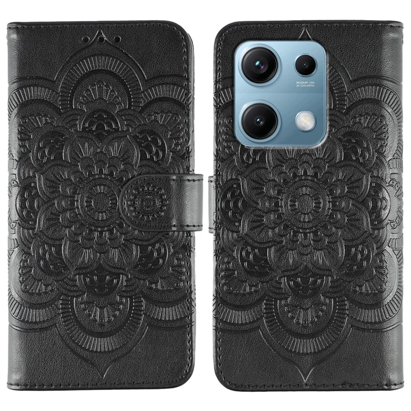 Cover per Xiaomi Redmi Note 14S 4G in Pelle con Design Mandala Stampato - Portafoglio Nero