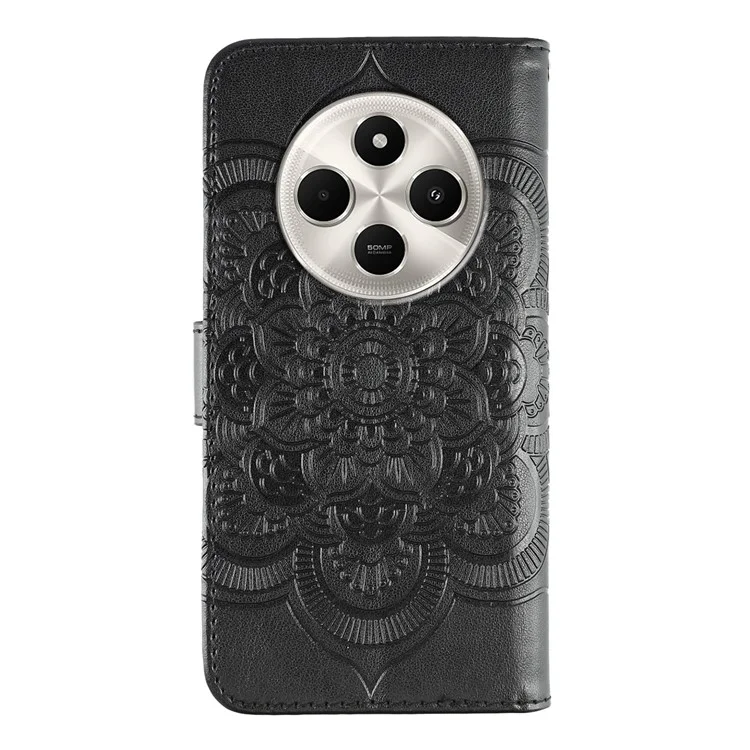 Étui de téléphone pour Xiaomi Poco C75 4G / Redmi 14C 4G / 14R 5G en cuir PU avec motif Mandala imprimé, Housse portefeuille - Noir