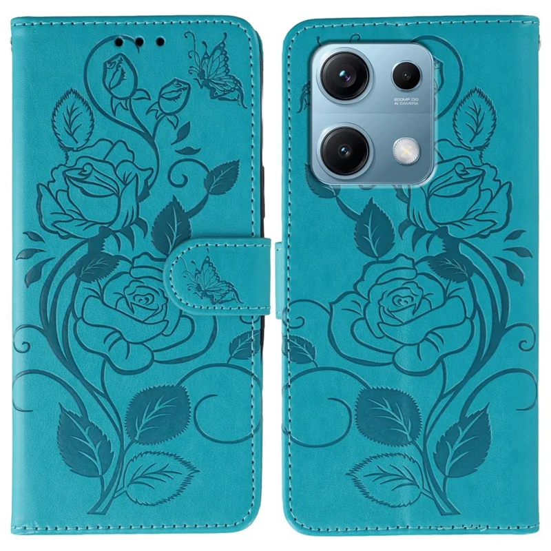 For Xiaomi Redmi Note 14S 4G / Note 13 Pro 4G / Poco M6 Pro 4G Case Wallet Stand Imprinted Rose Butterfly PU Leather Phone Cover - Blue