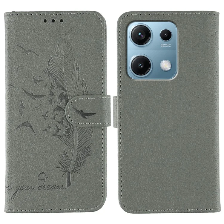 Pour Xiaomi Redmi Note 14S 4G Étui Plume Empreinte Portefeuille en Cuir PU Housse de Téléphone - Gris
