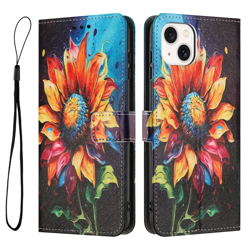YX-2501 For iPhone 14 / 13 Case Pattern Printing PU Leather Wallet Phone Cover with Lanyard - Sunflower