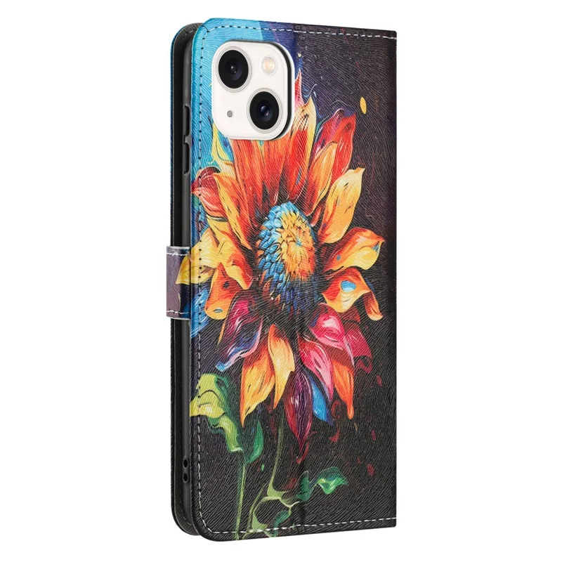 YX-2501 For iPhone 14 / 13 Case Pattern Printing PU Leather Wallet Phone Cover with Lanyard - Sunflower