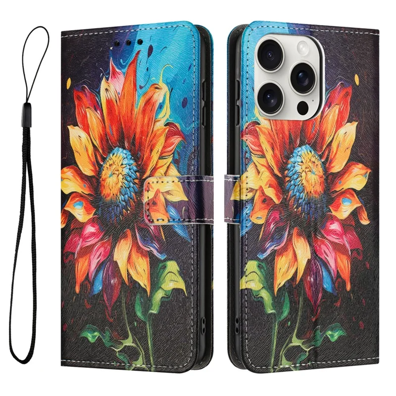 YX-2501 For iPhone 14 Pro Case Pattern Printing PU Leather Wallet Phone Cover with Lanyard - Sunflower