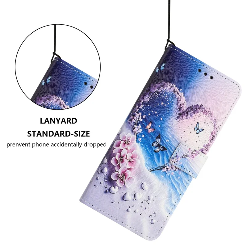YX-2501 For iPhone 14 Pro Max Case Pattern Printing PU Leather Wallet Phone Cover with Lanyard - Heart Butterfly