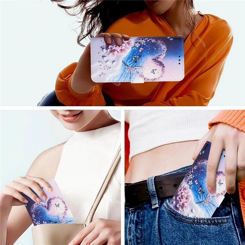 YX-2501 For iPhone 14 Pro Max Case Pattern Printing PU Leather Wallet Phone Cover with Lanyard - Heart Butterfly