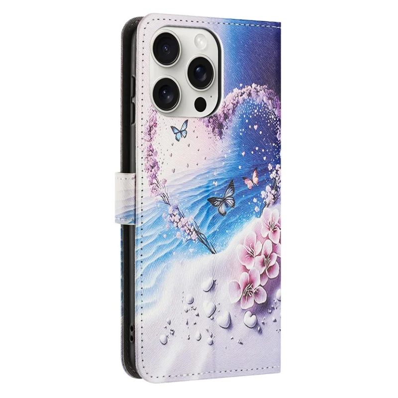 YX-2501 For iPhone 14 Pro Max Case Pattern Printing PU Leather Wallet Phone Cover with Lanyard - Heart Butterfly
