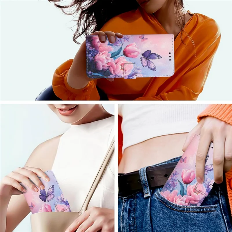 YX-2501 Per Samsung Galaxy A05s 4G Cover con Stampa a Motivi in Pelle PU Portafoglio con Cordino - Fiore Rosa e Farfalla
