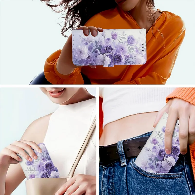 YX-2501 For Samsung Galaxy Xcover7 Case Pattern Printing PU Leather Wallet Phone Cover with Lanyard - Purple Rose