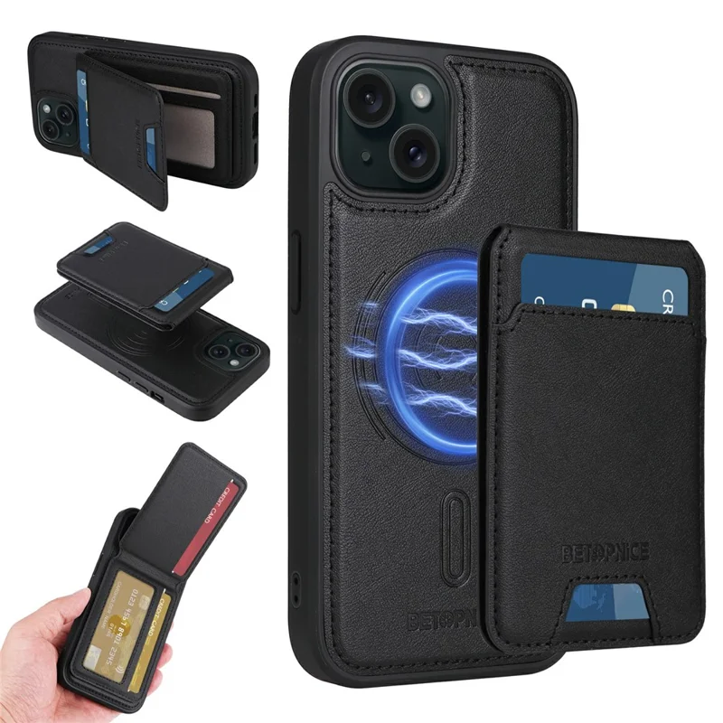 For iPhone 15 Magnetic Case BETOPNICE RFID Blocking Leather Phone Back Cover with Detachable Card Bag - Black