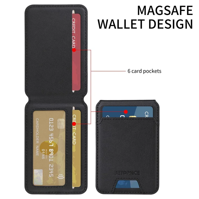For iPhone 15 Magnetic Case BETOPNICE RFID Blocking Leather Phone Back Cover with Detachable Card Bag - Black