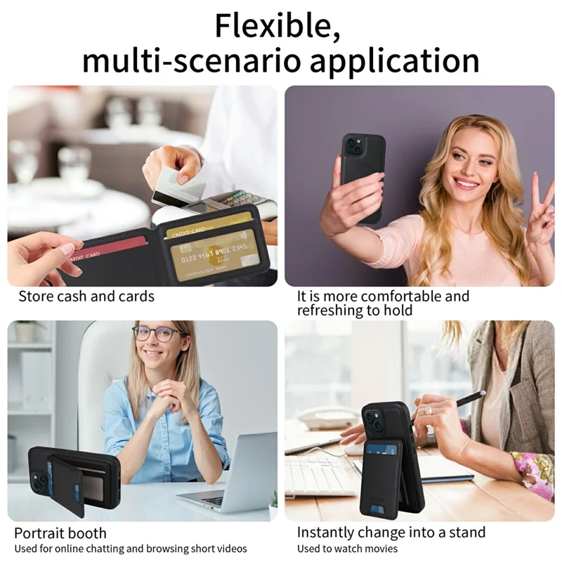 For iPhone 15 Magnetic Case BETOPNICE RFID Blocking Leather Phone Back Cover with Detachable Card Bag - Black