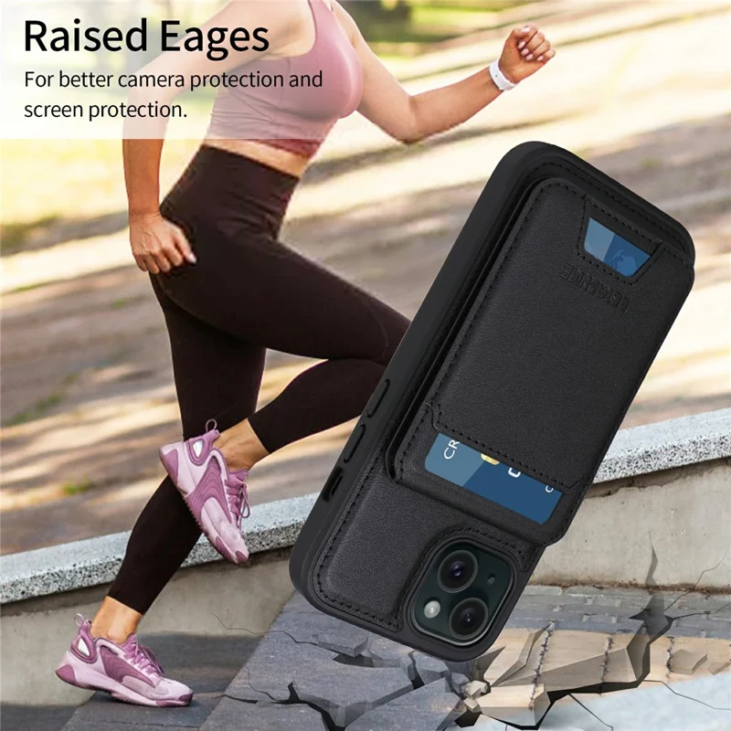 For iPhone 15 Magnetic Case BETOPNICE RFID Blocking Leather Phone Back Cover with Detachable Card Bag - Black