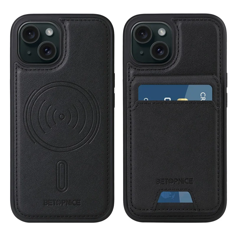 For iPhone 15 Magnetic Case BETOPNICE RFID Blocking Leather Phone Back Cover with Detachable Card Bag - Black
