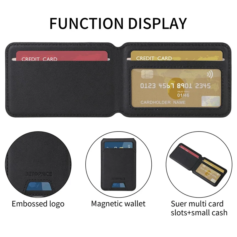 For iPhone 15 Magnetic Case BETOPNICE RFID Blocking Leather Phone Back Cover with Detachable Card Bag - Black