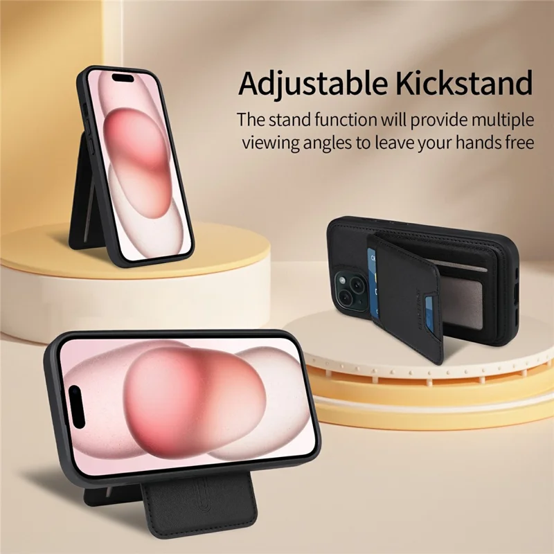 For iPhone 15 Magnetic Case BETOPNICE RFID Blocking Leather Phone Back Cover with Detachable Card Bag - Black