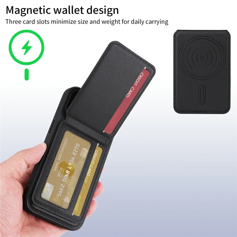 For iPhone 15 Magnetic Case BETOPNICE RFID Blocking Leather Phone Back Cover with Detachable Card Bag - Black
