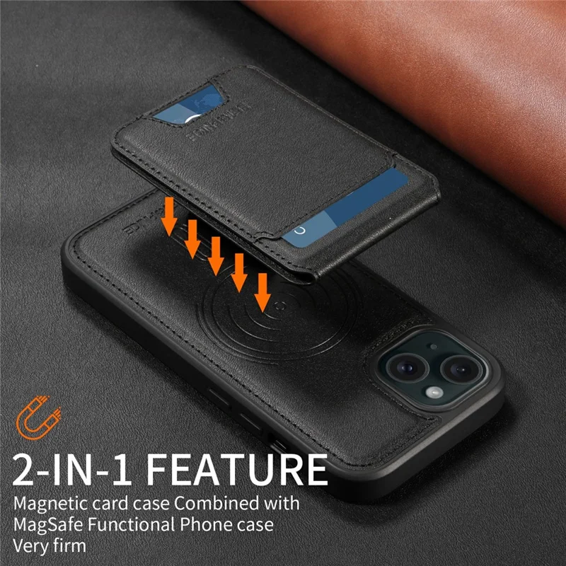 For iPhone 15 Magnetic Case BETOPNICE RFID Blocking Leather Phone Back Cover with Detachable Card Bag - Black
