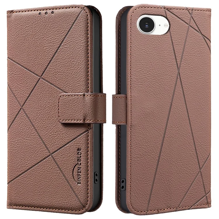BINFEN COLOR BF35 Für iPhone 16e Hülle RFID-blockierender Geldbeutel Ständer Geometrisch geprägter Lederhandy-Hülle - Braun