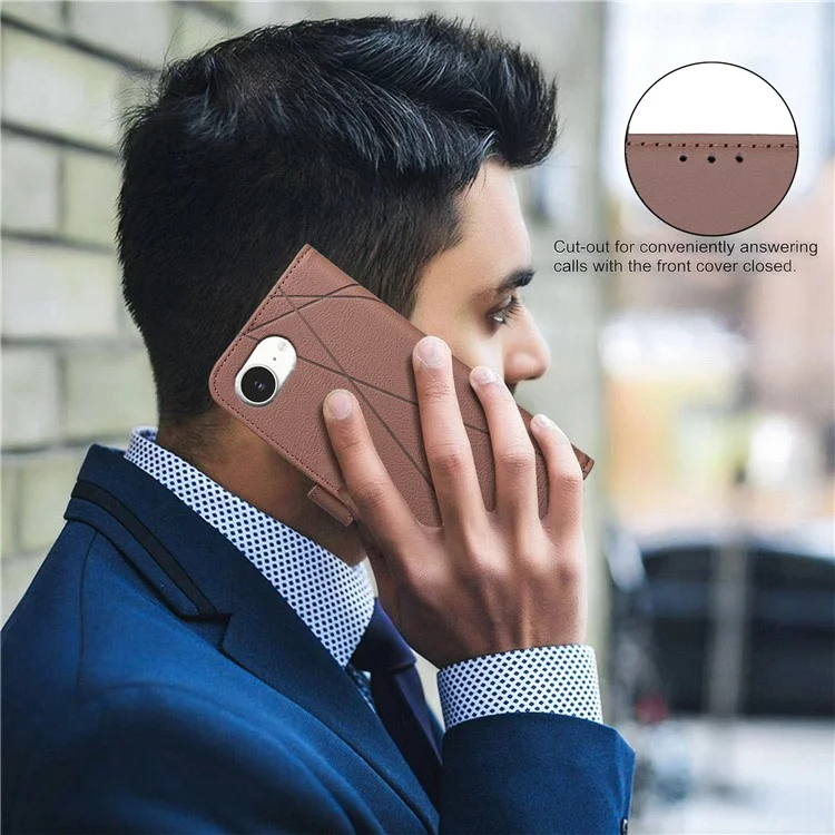 BINFEN COLOR BF35 Für iPhone 16e Hülle RFID-blockierender Geldbeutel Ständer Geometrisch geprägter Lederhandy-Hülle - Braun