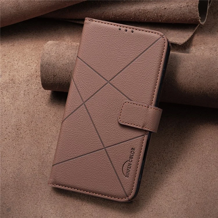 BINFEN COLOR BF35 Für iPhone 16e Hülle RFID-blockierender Geldbeutel Ständer Geometrisch geprägter Lederhandy-Hülle - Braun