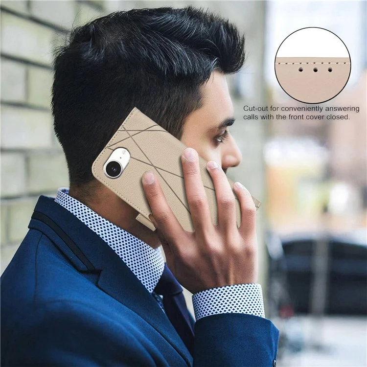 BINFEN COLOR BF35 For iPhone 16e Case RFID Blocking Wallet Stand Geometry Imprinted Leather Phone Cover - Beige