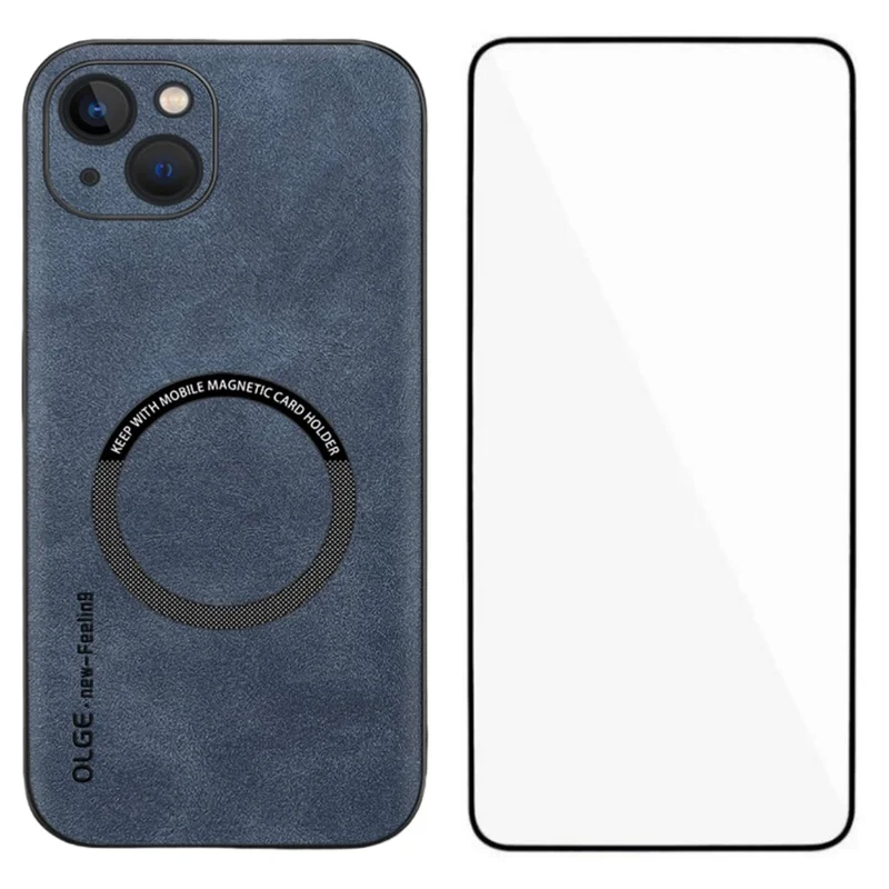 WANLONFENG YBP Série Capa Magnética com Película de Vidro Temperado para iPhone 14 - Couro PU + Capa de Telefone TPU com Recortes Precisos - Azul