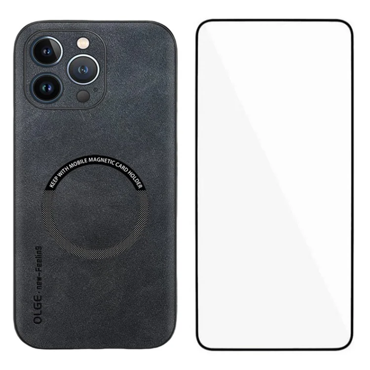 WANLONFENG Série YBP pour iPhone 13 Pro Étui magnétique avec film en verre trempé Étui en cuir PU + TPU Découpes précises - Noir