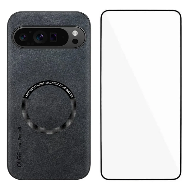 WANLONFENG Série YBP pour Google Pixel 9 Pro Étui magnétique avec film en verre trempé Housse de téléphone en cuir PU + TPU Découpe large - Noir