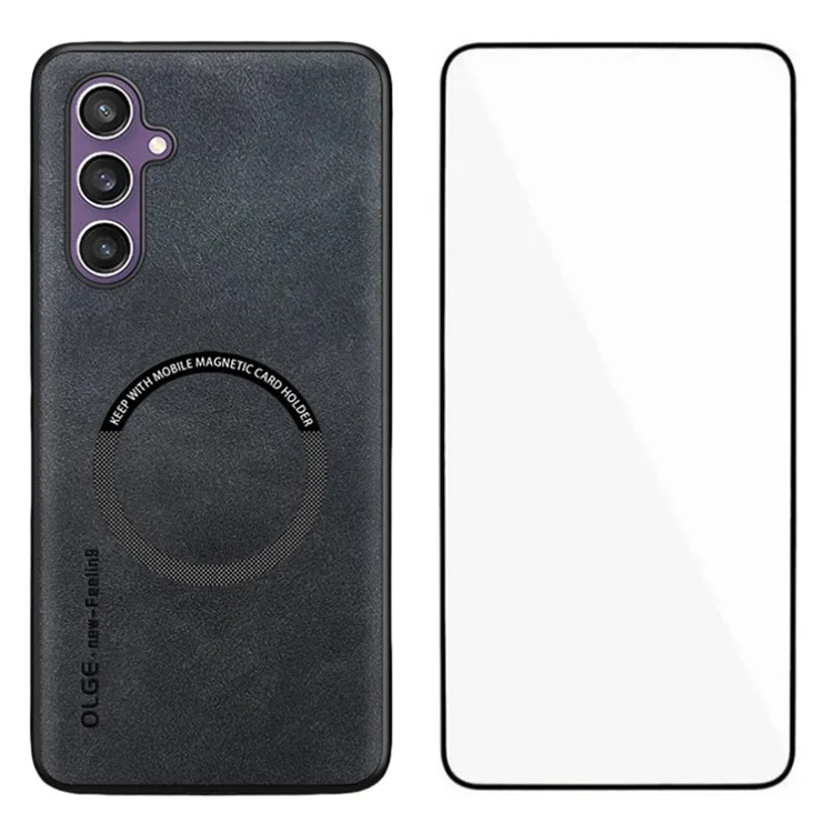 WANLONFENG YBP Series For Samsung Galaxy S23 FE Magnetic Case with Tempered Glass Film PU + TPU Phone Cover Large Cutout - Black