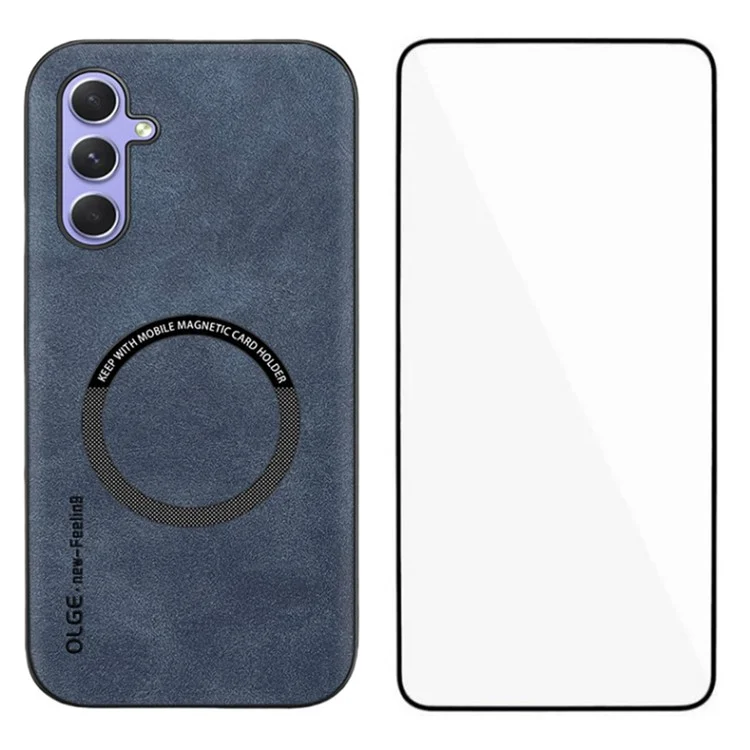 WANLONFENG YBP Series For Samsung Galaxy A14 5G  /  4G Magnetic Case with Tempered Glass Film PU + TPU Phone Cover Large Cutout - Blue