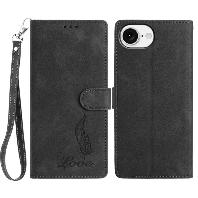 For iPhone 16e Hoesje met Afdruk van Veren van PU-leer met Portemonnee en Polsbandje - Zwart