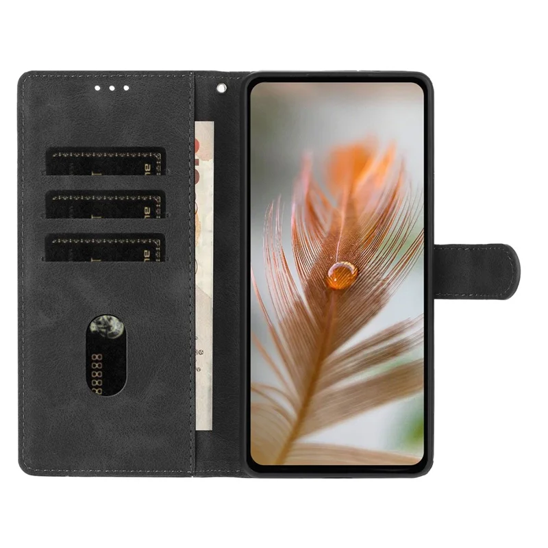 For iPhone 16e Hoesje met Afdruk van Veren van PU-leer met Portemonnee en Polsbandje - Zwart