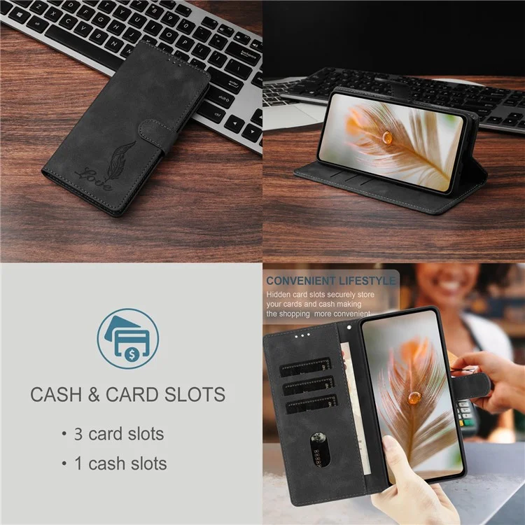 Capa de Couro PU com Estampa de Pena para iPhone 15 Pro, Carteira com Alça de Pulso - Preto
