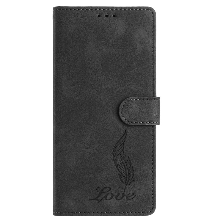 Capa de Couro PU com Estampa de Pena para iPhone 15 Pro, Carteira com Alça de Pulso - Preto