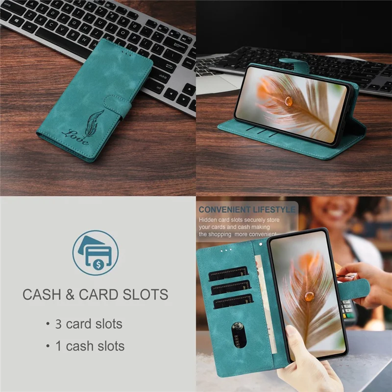 For iPhone 15 Pro Case Imprinted Feather PU Leather Wallet Phone Cover with Wrist Strap - Green