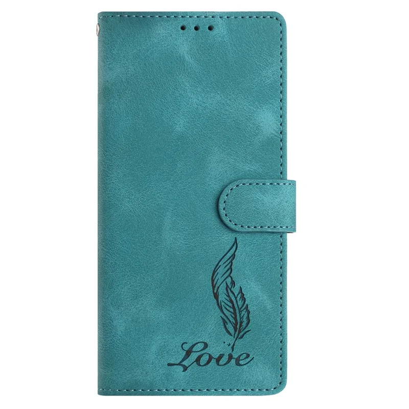 For iPhone 15 Pro Case Imprinted Feather PU Leather Wallet Phone Cover with Wrist Strap - Green