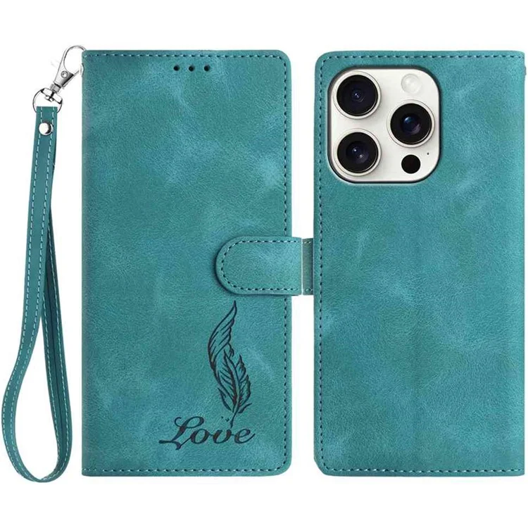 For iPhone 15 Pro Max Case Imprinted Feather PU Leather Wallet Phone Cover with Wrist Strap - Green