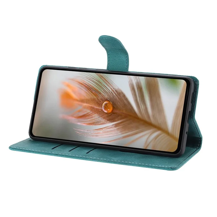 For iPhone 15 Pro Max Case Imprinted Feather PU Leather Wallet Phone Cover with Wrist Strap - Green