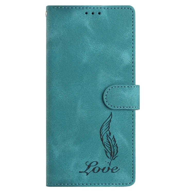 For iPhone 15 Pro Max Case Imprinted Feather PU Leather Wallet Phone Cover with Wrist Strap - Green