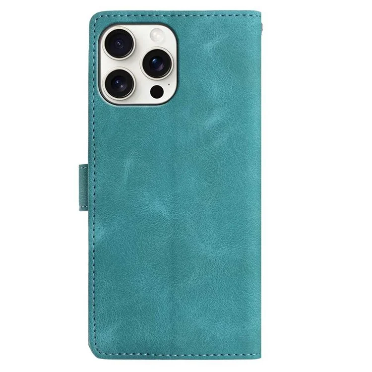 For iPhone 15 Pro Max Case Imprinted Feather PU Leather Wallet Phone Cover with Wrist Strap - Green
