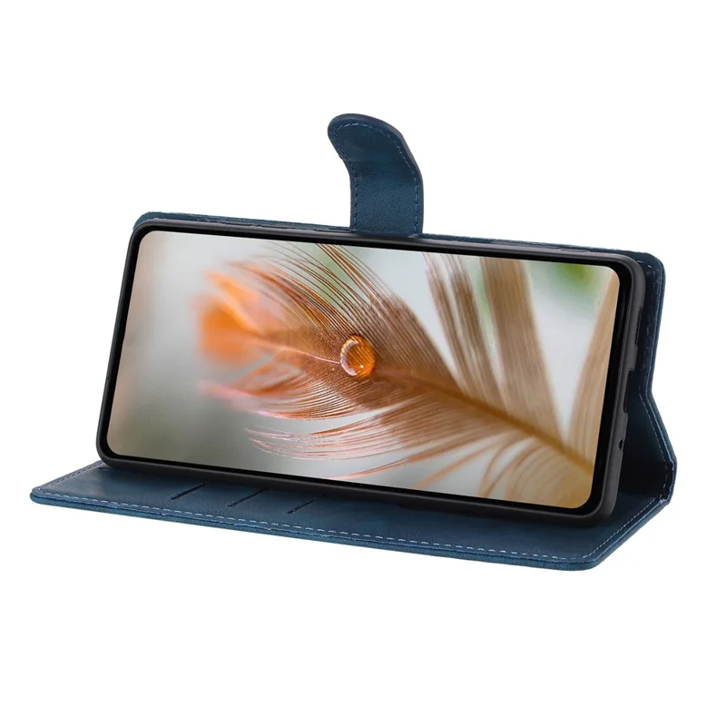 For iPhone 15 Pro Max Case Imprinted Feather PU Leather Wallet Phone Cover with Wrist Strap - Dark Blue