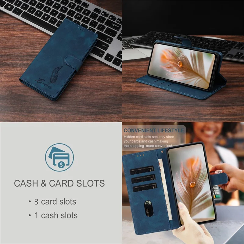 For iPhone 15 Pro Max Case Imprinted Feather PU Leather Wallet Phone Cover with Wrist Strap - Dark Blue